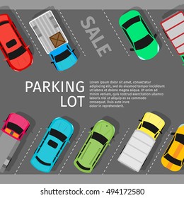 City parking vector web banner. Flat style. Shortage parking spaces. Large number of cars in a crowded parking. Urban infrastructure and car boom. Parking lot