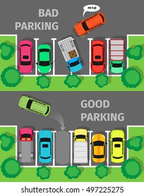 City parking vector web banner. Flat style. Shortage parking spaces. Large number of cars in a crowded parking. Urban infrastructure and car boom. Bad and good parking