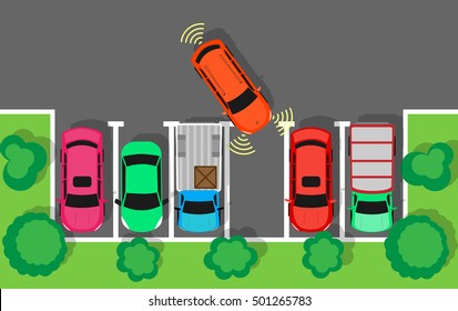 City parking vector web banner. Flat style. Shortage parking spaces. Large number of cars in a crowded parking. Urban infrastructure and car boom. For rental, architectural company web page design
