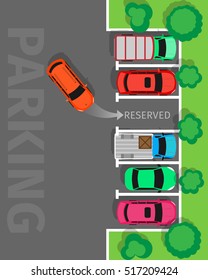 City parking vector web banner. Flat style. Shortage parking spaces. Large number of cars in a crowded parking. Urban infrastructure and car boom. For rental, architectural company web page design