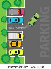 City parking vector web banner. Flat style. Shortage parking spaces. Large number of cars in a crowded parking. Urban infrastructure and car boom. For rental, architectural company web page design