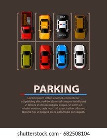 City parking vector web banner. Shortage parking spaces. Many cars in a crowded parking.  Parking zone. Vector illustration