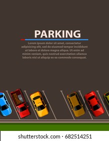 City parking vector web banner. Shortage parking spaces. Many cars in a crowded parking. Parking zone. Vector illustration