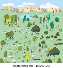 City park.Landscape with people walking, playing, cycling in a city park. Urban leisure area with men and women doing outdoor activities.Vector illustration.