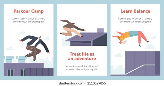 City Parkour Cartoon Banners Concept. Young Men and Women Jumping Over Walls or Barriers, Urban Sports, Active Lifestyle, Sport Activity. Teenagers Tricks and Training on Street. Vector Posters
