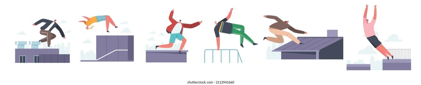 City Parkour Concept. Young Men and Women Jumping Over Walls and Barriers, Urban Sports, Active Lifestyle, Sport Activity. Teenagers Tricks and Training on Street. Cartoon People Vector Illustration