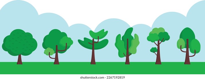 City parks have benches made of wood, grass, and trees. Illustration in a flat style With the city's business district and the river in the background. Green garden vegetation in the suburbs