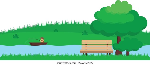 City parks have benches made of wood, grass, and trees. Illustration in a flat style With the city's business district and the river in the background. Green garden vegetation in the suburbs