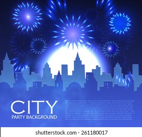 City party with spotlights & fireworks.  Vector illustration