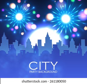 City party with spotlights & fireworks.  Vector illustration