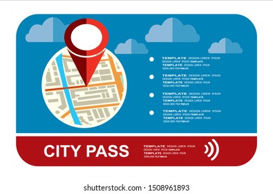 City pass. Bus, train, subway travel ticket with cashless payment system. Card with map of city with roards and houses. Vector illustration in flat style