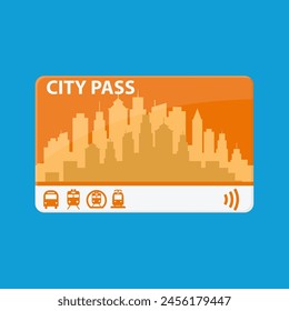 City pass. Bus, train, subway travel ticket with cashless payment system. Card with map of city with roards and houses. Vector illustration in flat style