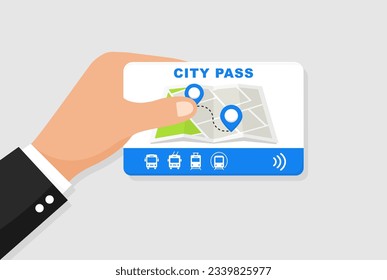 City pass card with cashless payment system. Bus, tram, trolleybus and metro ticket icon. Travel tickets for public transport with barcode. Vector illustration.