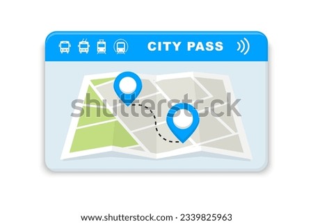 City pass card with cashless payment system. Bus, tram, trolleybus and metro ticket icon. Travel tickets for public transport with barcode. Vector illustration.