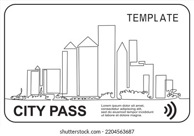 Paso de la ciudad. Dibujo continuo de una línea del paisaje urbano moderno. Autobús, tren, billete de metro con sistema de pago sin efectivo. Tarjeta con casas.