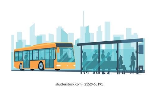 City passenger bus and stop with passengers on the background of an abstract cityscape. Vector illustration.