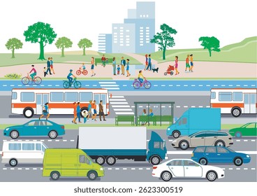 City passenger transport with city bus and passengers, cars illustration