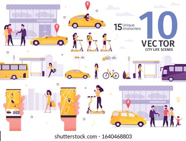 City Passenger Transport, People Transportation Trendy Flat Vector Scenes Set. Family Buying Car in Dealership, Man, Woman Riding Scooter, Lady Waiting Bus, Calling Taxi with Mobile App Illustrations