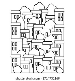 City pattern for coloring book . A drawing of the building. Houses and trees.