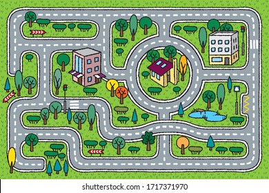 City pattern. Roads, houses and grass areas background