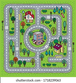City pattern. Roads, houses and grass areas background