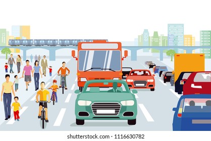 City with pedestrians, cyclists in traffic