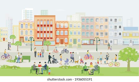 City with pedestrians and families in leisure time, row of cars zone, illustration