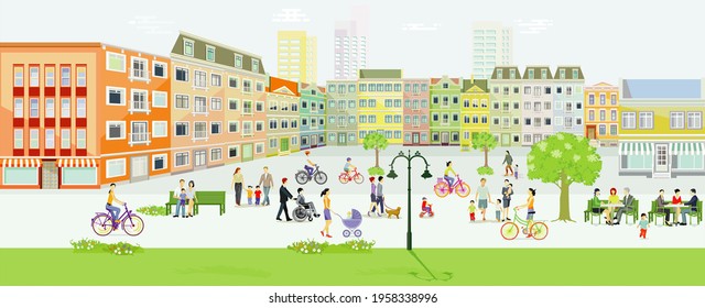 City with pedestrians and families in leisure time, car-free zone, illustration