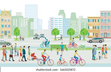 City with pedestrians and families on the sidewalk