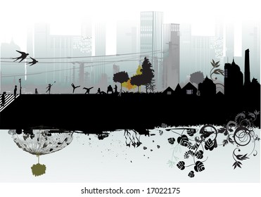 city, people, buildings and nature element