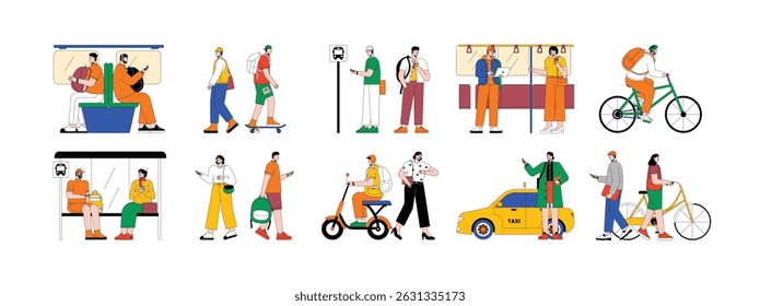 City people commute by using city transportation, commuter vector illustration.