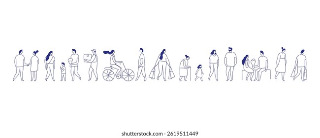 City People Crowd. Line art people big bundle isolated on white. Hand drawn People vector set. Male and female flat characters set