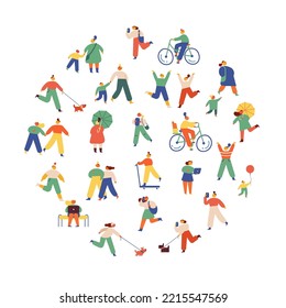 City people. Cute Person walking outdoor flat vector illustration set