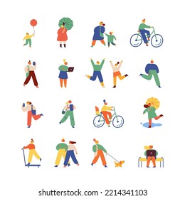 City people. Cute People walking outdoor flat vector illustration set