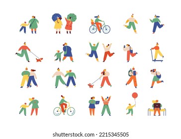 City people. Cute People walking outdoor flat vector illustration set