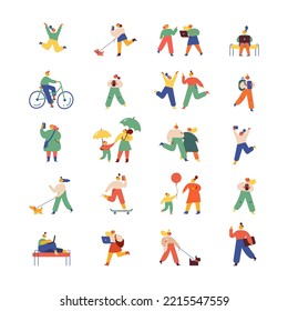 City people. Cute People walking outdoor flat vector illustration set