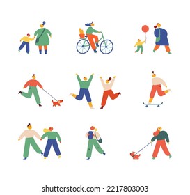 City people. Cute People walking outdoor flat vector illustration set