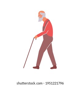 City people flat composition with isolated human character of walking senior man with stick vector illustration