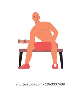 City people flat composition with isolated human character of muscular man with barbell vector illustration