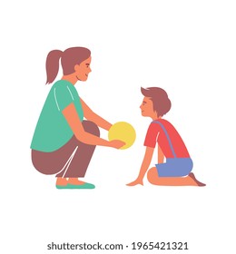 Composición plana de las ciudades con personajes humanos aislados que sostienen la bola con la ilustración de un vector de niños