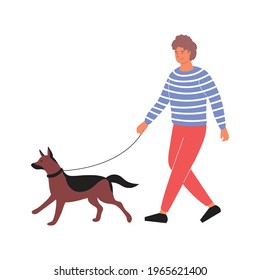 City people flat composition with isolated human character of guy walking his dog vector illustration