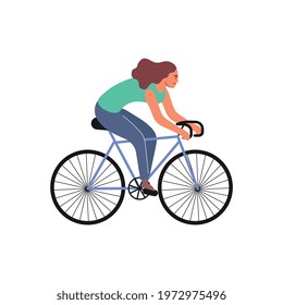 City people flat composition with isolated human character of young woman riding bicycle vector illustration