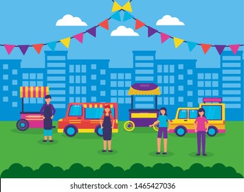 city people food truck outdoor vector illustration