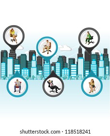 City with people on chair. Vector arrow label.