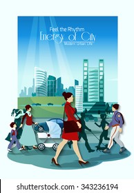 City people poster with modern skyscraper buildings on background vector illustration