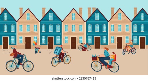 City with people ride bike, vector illustration. Flat man woman character use bicycle near urban building outdoor, delivery or sport at cityscape road