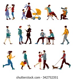 City people set with hipsters students kids and couples silhouettes isolated vector illustration