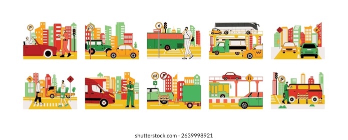 City people use public transportation and walk, vector illustration.