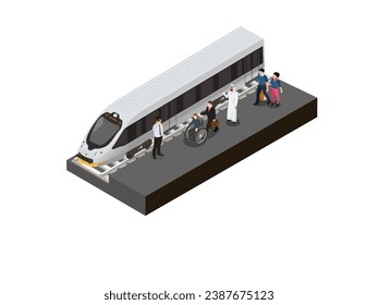 La gente de la ciudad está esperando por el concepto de la ilustración isométrica 3d vectorial del servicio de metro para banner, sitio web, página de aterrizaje, volante, etc