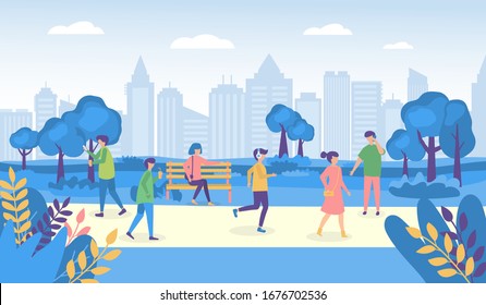 City people walking street and park vector illustrations. Cartoon woman man characters in outdoor park activity, walk, stand on sidewalk, relax in garden park together, everyday city life summer